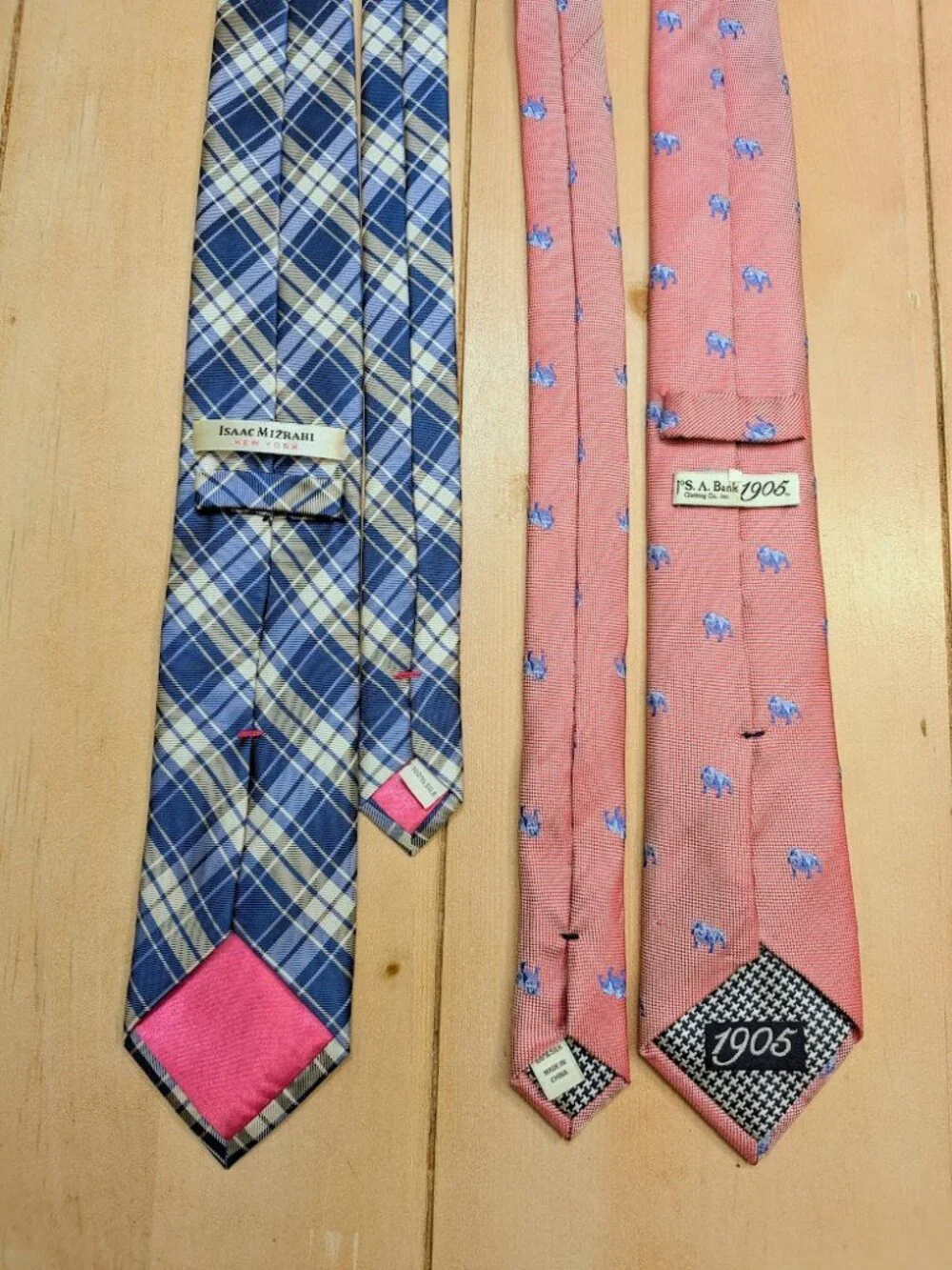 Lot of 2 Silk Neckties Isaac Mizrahi Plaid & Jos A Bank Bull Dog Pink Blue